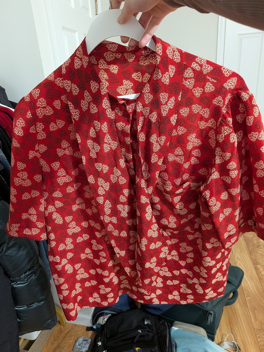 Red Short-Sleeve Floral Button-Front Top